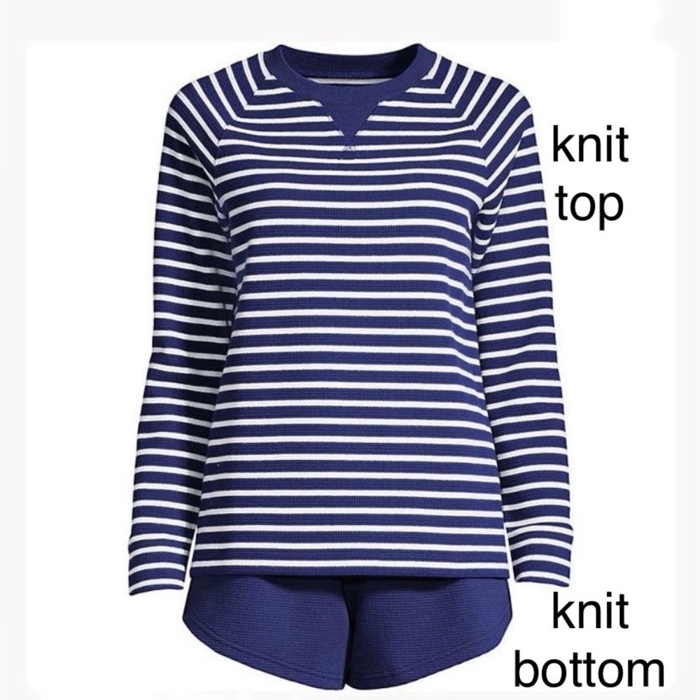 LANDSEND Women's Plus Waffle Pajama Set Long Sleeve T-Shirt and Shorts Cotton